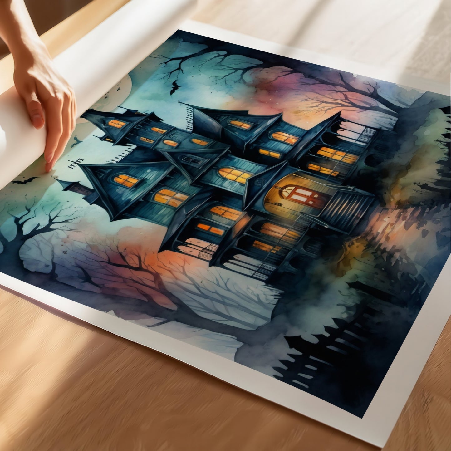 “Moonlit Mansion” viser et mørkt herskapshus badet i måneskinn. De glødende vinduene og de krokete trærne gir motivet en dramatisk og filmatisk stemning. Illustrasjon viser plakat på print.