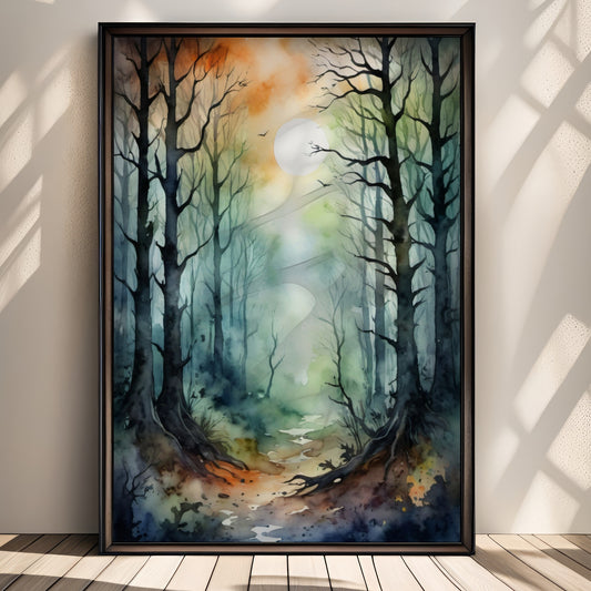 “Moonlit Path” viser en månebelyst skogssti som slynger seg inn i det ukjente. Illustrasjon viser plakat uten hvit kant i sort ramme.