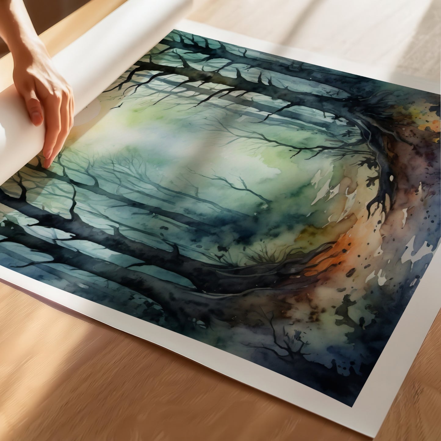 “Moonlit Path” viser en månebelyst skogssti som slynger seg inn i det ukjente. Illustrasjon viser plakat på print.