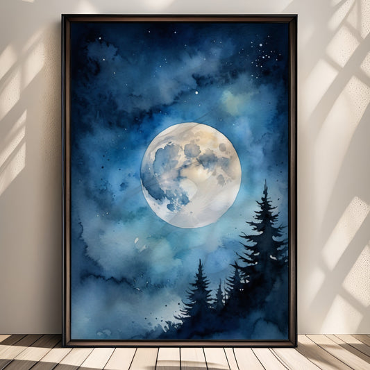 “Moonrise Pines” fanger stillheten i en måneopplyst skog. Den store fullmånen lyser over mørke tretopper, mens blåtonene skaper en rolig og mystisk atmosfære. Illustrasjon viser plakat uten hvit kant i sort ramme.