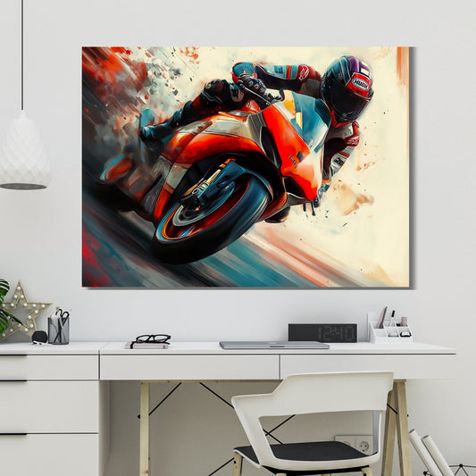 Grafiske illustrasjon som fanger øyeblikket av en motorsyklist i full fart, svevende på en rød og hvit motorsykkel. Illustrasjonsbildet viser motivet på lerret.