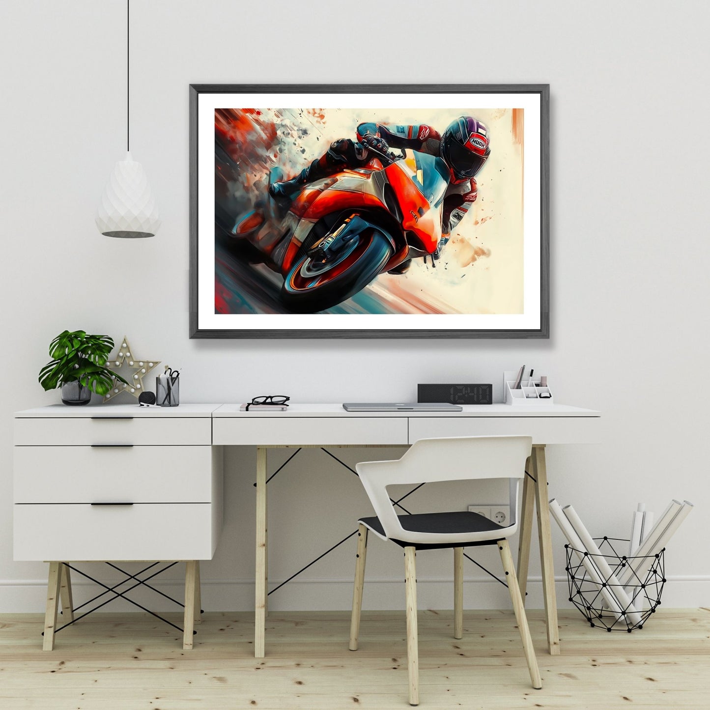 Grafiske illustrasjon som fanger øyeblikket av en motorsyklist i full fart, svevende på en rød og hvit motorsykkel. Illustrasjonsbildet viser motivet som plakat i ramme.