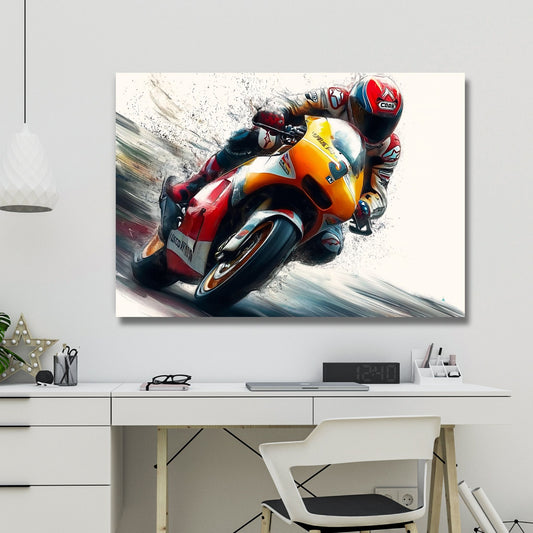 Denne unike grafiske illustrasjonen fanger øyeblikket av en motorsyklist i full fart. Illustrasjonsfoto viser motivet på lerret som henger over et skrivebord.