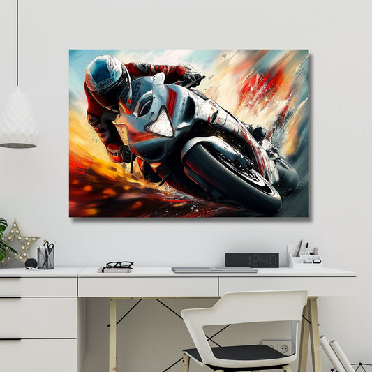 Denne unike grafiske illustrasjonen fanger øyeblikket av en motorsyklist i full fart. Illustrasjonsfoto viser motivet på lerret som henger over en skrivepult.