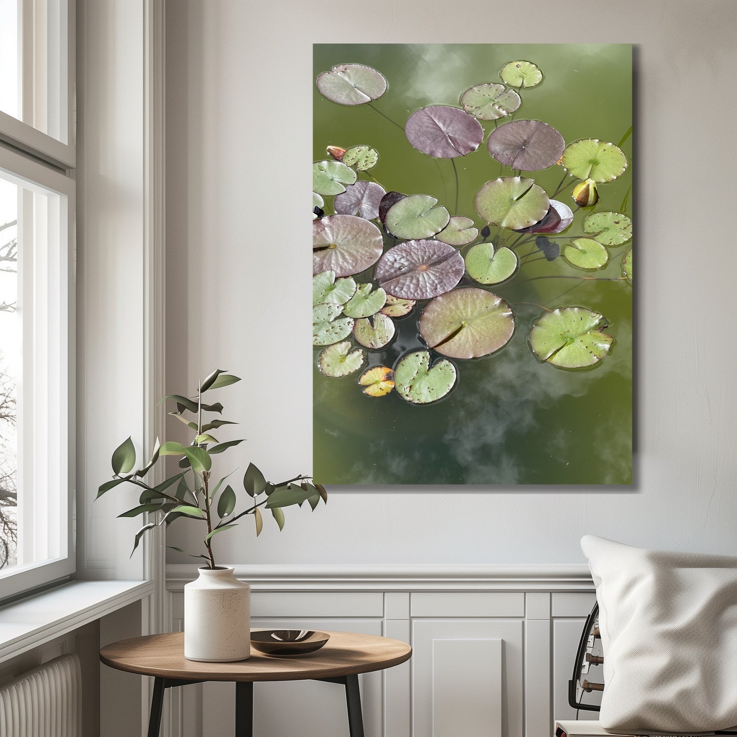 Fotografi av en hvit vannlilje i Musèhagen, Bergen. Illustrasjonsfoto viser motivet på lerret.