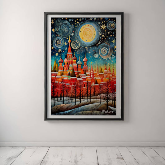 En livlig plakat med ikoniske spir og stjernenatt over Moskva. Illustrasjon viser plakat med hvit kant i sort ramme.