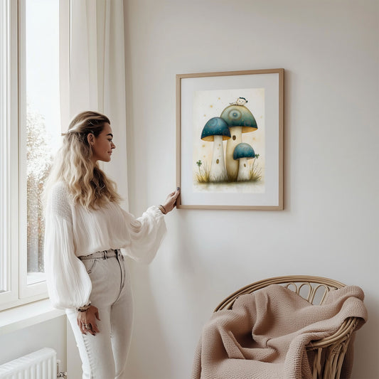 Magiske Soppeventyr, en illustrasjonsplakat eller lerret med et sjarmerende motiv av glødende sopper og en søt liten figur som hviler på toppen. Illustrasjon viser motivet som plakat med passepartout i ramme.