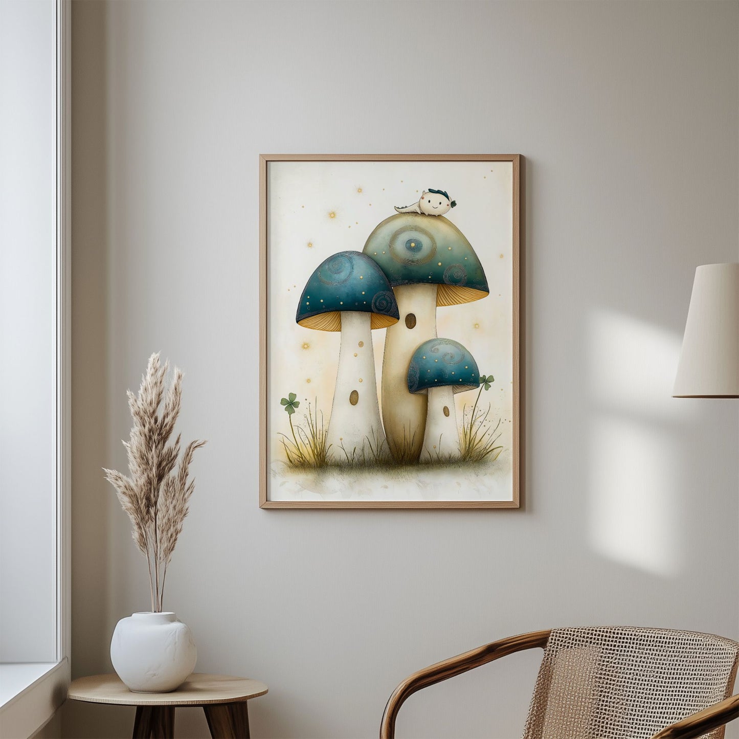 Magiske Soppeventyr, en illustrasjonsplakat eller lerret med et sjarmerende motiv av glødende sopper og en søt liten figur som hviler på toppen. Illustrasjon viser motivet som plakat uten hvit kant i ramme.