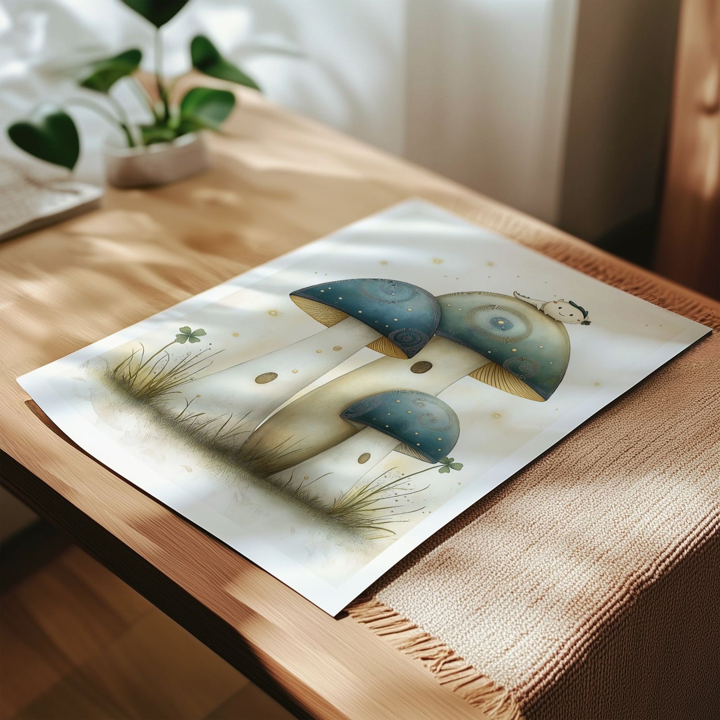 Magiske Soppeventyr, en illustrasjonsplakat eller lerret med et sjarmerende motiv av glødende sopper og en søt liten figur som hviler på toppen. Illustrasjon viser motivet på print.