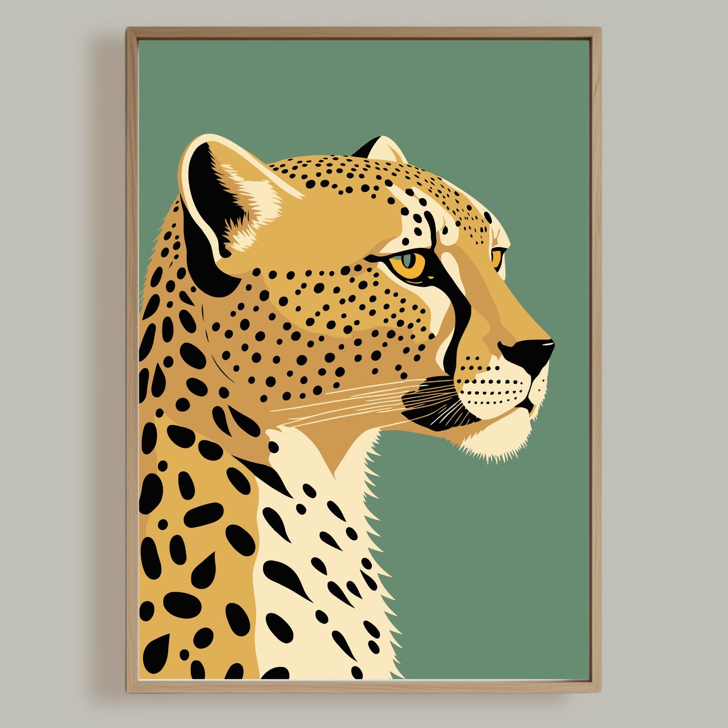 Fang naturens rå skjønnhet med Majestetisk Gepard Plakat – en kunstnerisk illustrasjon av verdens raskeste rovdyr. Illustrasjon viser plakat i eik ramme.