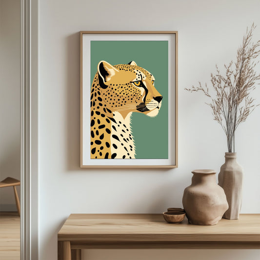 Fang naturens rå skjønnhet med Majestetisk Gepard Plakat – en kunstnerisk illustrasjon av verdens raskeste rovdyr. Illustrasjon viser plakat i eik ramme.