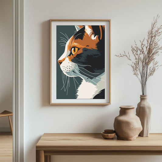 Majestetisk Katt Plakat – en fantastisk illustrasjon av en katt i profil, designet i en moderne kunststil. Illustrasjon viser plakat i eik ramme.