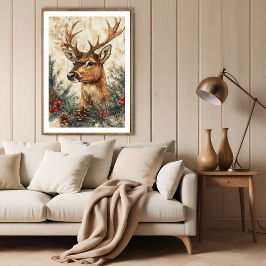 Dette slående motivet viser et stolt reinsdyr omgitt av vintergrønt og røde bær, og bringer frem en følelse av magi og eleganse. Illustrasjon viser motivet som plakat med hvit kant i lys ramme.