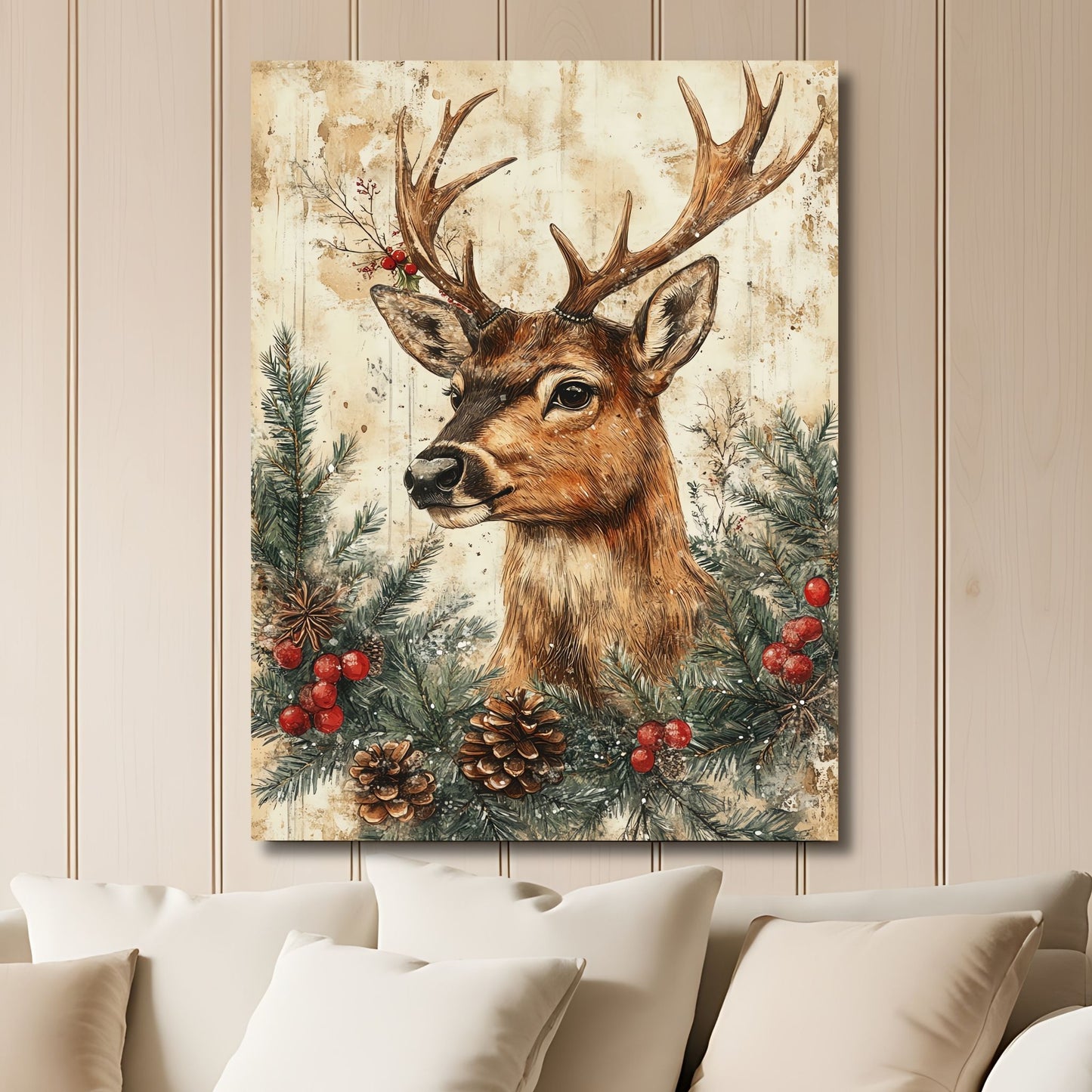 Dette slående motivet viser et stolt reinsdyr omgitt av vintergrønt og røde bær, og bringer frem en følelse av magi og eleganse. Illustrasjon viser motivet på lerret.