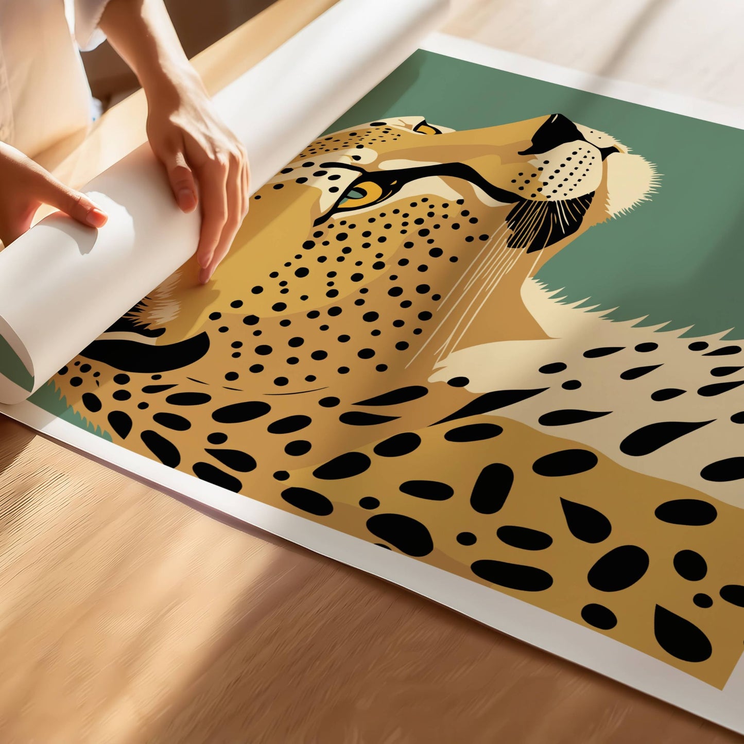 Fang naturens rå skjønnhet med Majestetisk Gepard Plakat – en kunstnerisk illustrasjon av verdens raskeste rovdyr. Illustrasjon viser print av plakat.