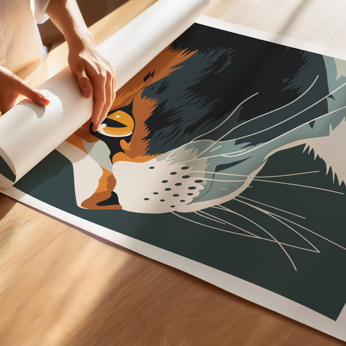 Denne kunstneriske illustrasjonen viser en tigerstripet katt i profil, med intense blågrønne øyne og vakre kontraster mellom varme jordtoner og dype skygger. Illustrasjonen viser plakat i eik ramme.