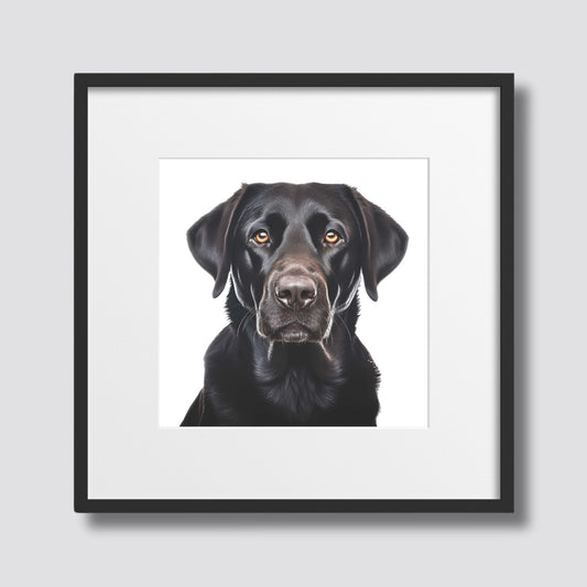 Denne plakaten viser et vakkert portrett av en svart labrador, kjent for sin rolige natur og hengivenhet. Illustrasjonsfoto viser motivet i sort ramme med passepartout.
