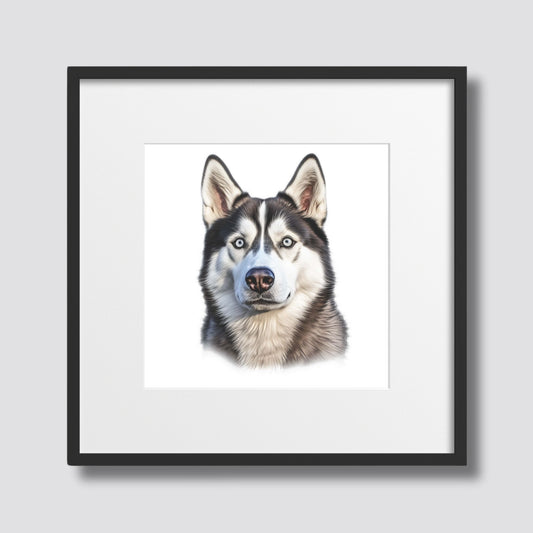 Denne plakaten fanger hundens ikoniske trekk, inkludert dens slående blå øyne, skarpe linjer og elegante pels. Illustrasjonsfoto viser motivet i sort ramme med passepartout.