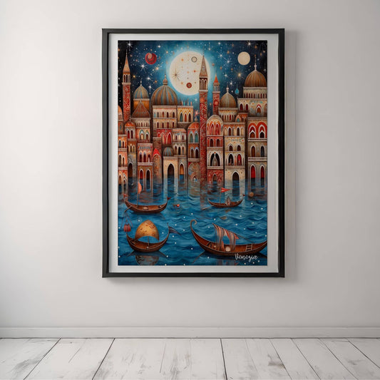 Ta med magien fra Venezia hjem med denne plakaten fylt med gondoler, måneskinn og arkitektur som flyter på vannet. Illustrasjonen viser plakat med hvit kant sort ramme.