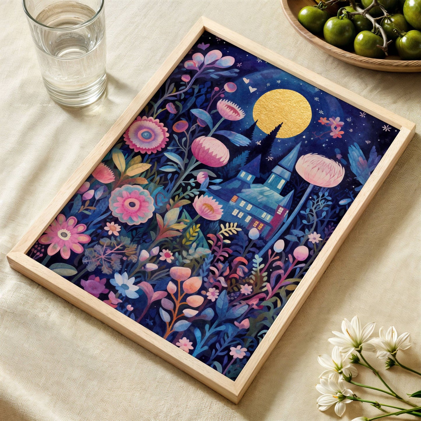 Et majestetisk slott under gyllen fullmåne, omgitt av blomster og nattens stillhet. Illustrasjon viser plakat iten hvit kant i eik ramme.