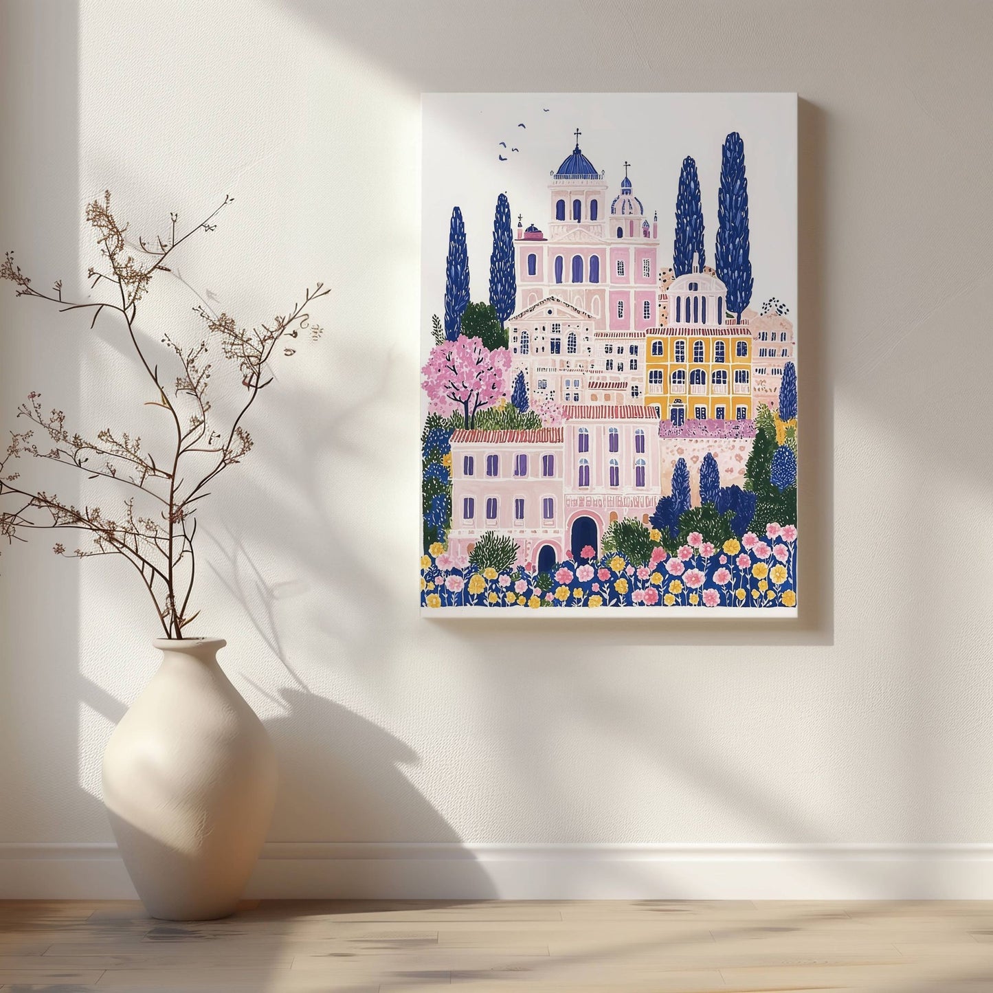 Mediterranean Charm, et kunstverk inspirert av de idylliske gatene og arkitekturen i Sør-Europa. Illustrasjon viser motivet på lerret.