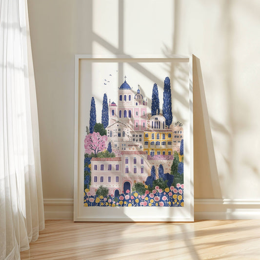 Mediterranean Charm, et kunstverk inspirert av de idylliske gatene og arkitekturen i Sør-Europa. Illustrasjon viser motivet som plakat i hvit ramme.