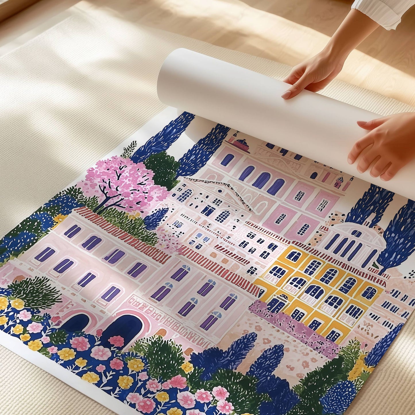 Mediterranean Charm, et kunstverk inspirert av de idylliske gatene og arkitekturen i Sør-Europa. Illustrasjon viser motivet på print.