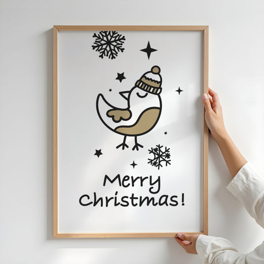 En sjarmerende juleplakat med liten fugl i vinterlue og teksten Merry Christmas! Illustrasjon viser plakat i ramme.
