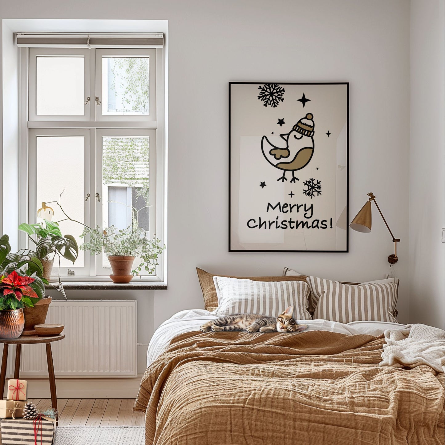 En sjarmerende juleplakat med liten fugl i vinterlue og teksten Merry Christmas! Illustrasjon viser plakat i ramme over en seng.