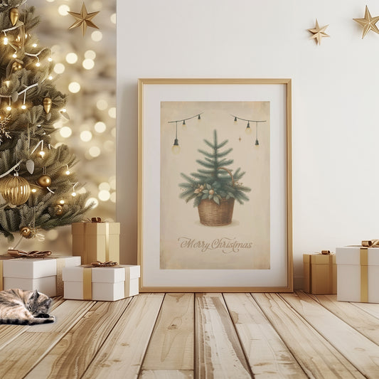 Et motiv som formidler stillheten og hyggen i juletiden, med teksten Merry Christmas i elegant typografi nederst. Illustrasjon viser plakat i ramme med passepartout.