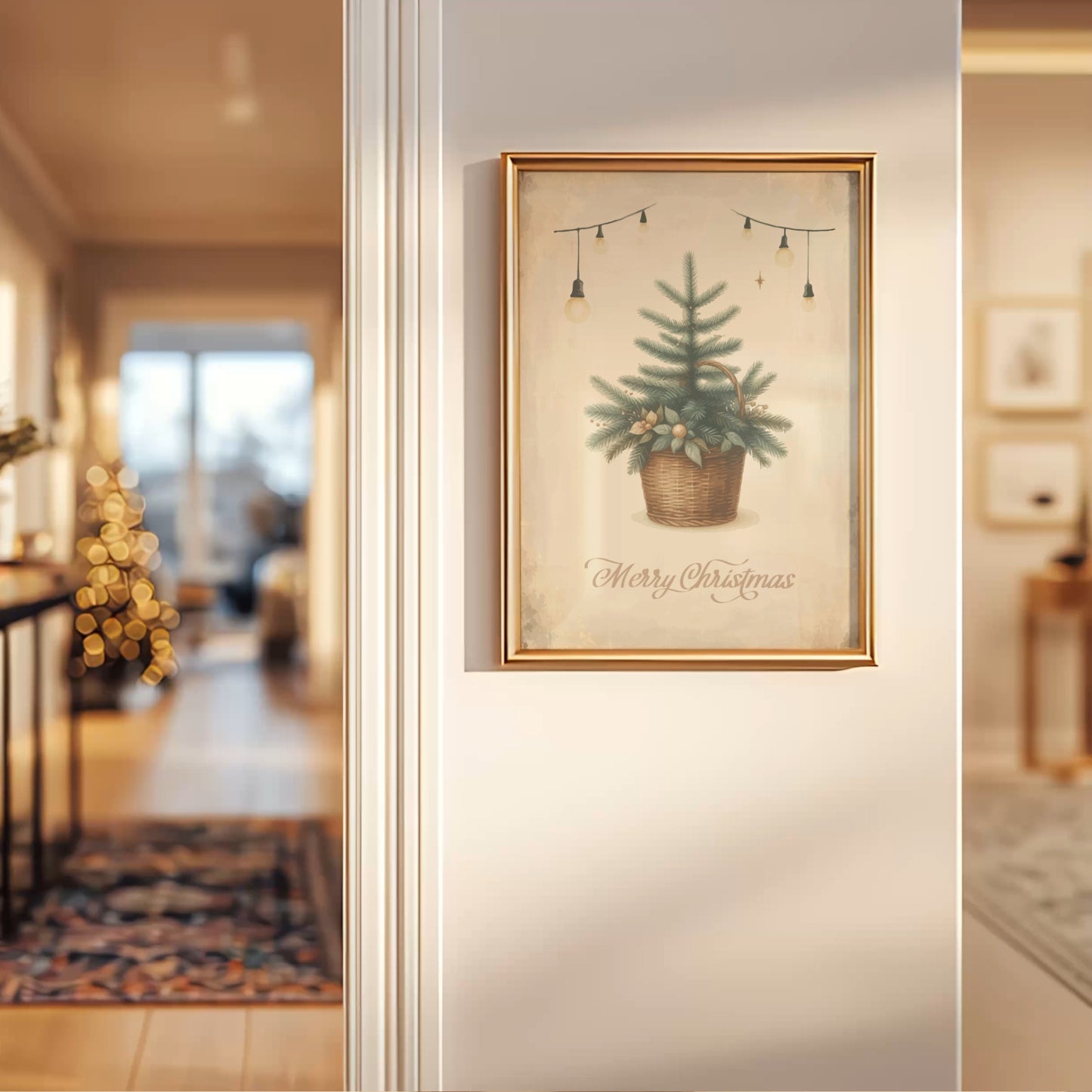 Et motiv som formidler stillheten og hyggen i juletiden, med teksten Merry Christmas i elegant typografi nederst. Illustrasjon viser plakat uten hvit kantlinje i ramme.