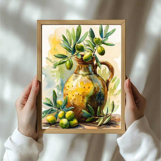 Dette akvarellen gjengir en rustikk olivenkrukke omgitt av friske oliven og grener, malt i en levende og detaljert akvarellstil. Illustrasjon viser plakat i en lys ramme.
