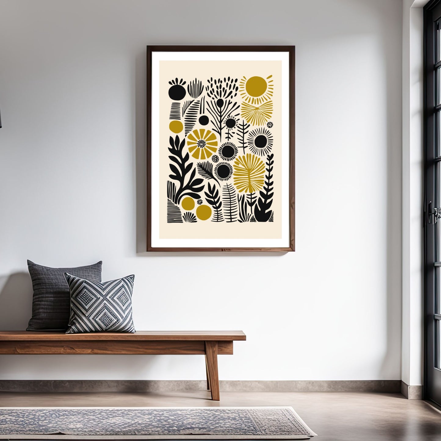 Gi hjemmet ditt en moderne og stilren atmosfære med vår Minimalistisk Botanisk Kunstplakat, en perfekt kombinasjon av naturinspirerte motiver og geometrisk minimalisme. Illustrasjonsfoto viser plakat med hvit kantlinje i brun ramme.