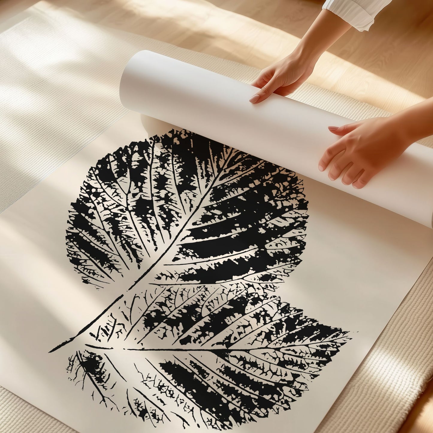 Elegante minimalistisk botanisk plakat i, som viser en detaljert dobbel bladillustrasjon i sort på beige bakgrunn. Illustrasjon viser plakat som rukkes sammen.