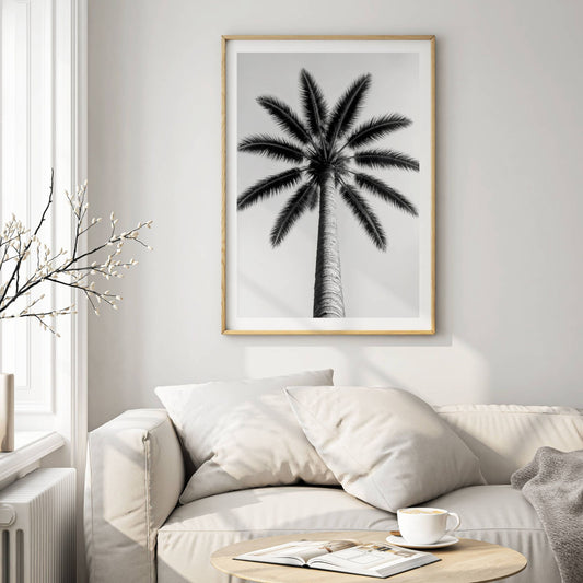 Stilren svart-hvitt-motivet av en palme sett nedenfra skaper en imponerende visuell effekt, perfekt for deg som elsker skandinavisk design og tidløse kontraster. Illustrasjon viser motivet som plakat i eik ramme.
