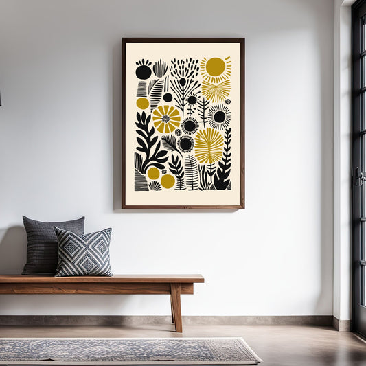 Gi hjemmet ditt en moderne og stilren atmosfære med vår Minimalistisk Botanisk Kunstplakat, en perfekt kombinasjon av naturinspirerte motiver og geometrisk minimalisme. Illustrasjonsfoto viser plakat i brun ramme.