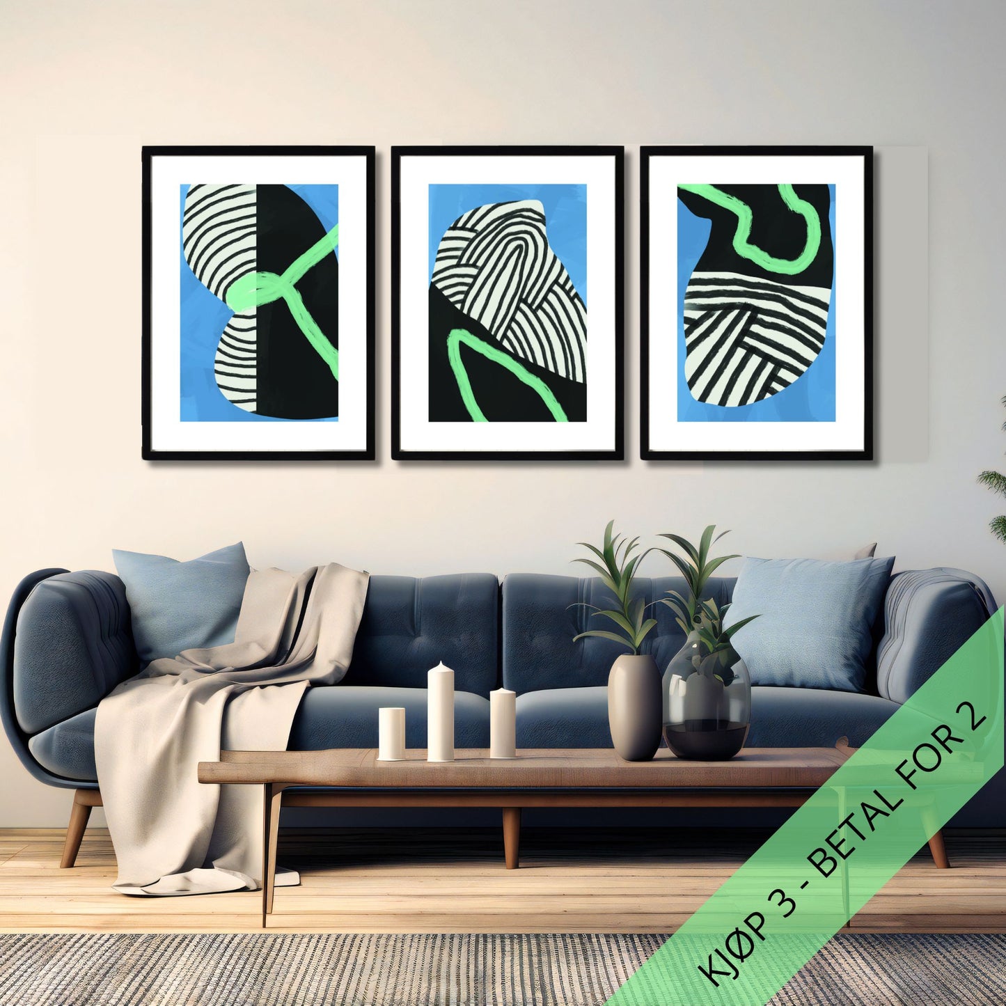 Gi hjemmet ditt et moderne uttrykk med vårt Modern Abstract Art Poster Set. Denne serien består av tre unike plakater som kombinerer abstrakte mønstre og dristige farger i svart, hvitt, blått og grønt. Illustrasjonsfoto viser plakatene i svarte rammer over en sofa.