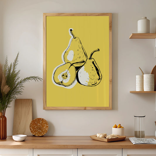 Dette fargerike kunstverket fremhever en illustrasjon av pærer i en livlig gul bakgrunn, som gir rommet ditt et unikt og energisk uttrykk. Illustrasjonen viser plakat uten hvit kant i eik ramme.