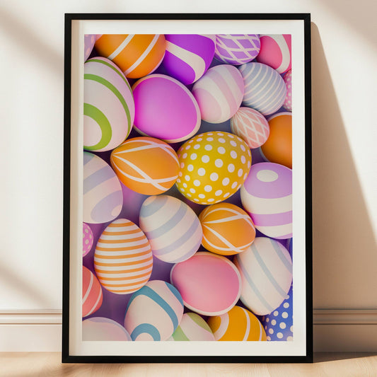 Dette unike motivet viser en samling påskeegg i friske farger med grafiske mønstre, som gir et rent og minimalistisk uttrykk. Illustrasjon viser plakat i sort ramme.
