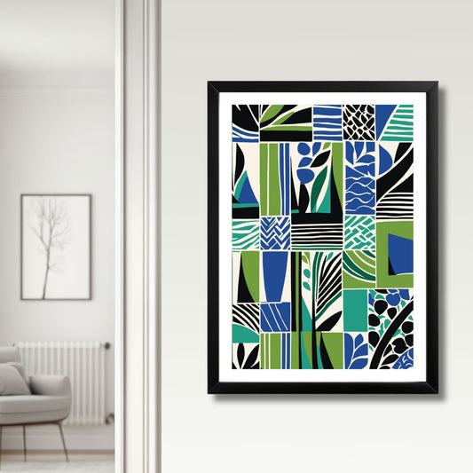 Dette kunstverket kombinerer abstrakte former og botaniske elementer i en dynamisk blanding av blå, grønne og svarte toner, perfekt for å skape et unikt fokuspunkt i ethvert rom. Illustrasjonen viser plakat i vertikalt format med hvit kant, i sort ramme.