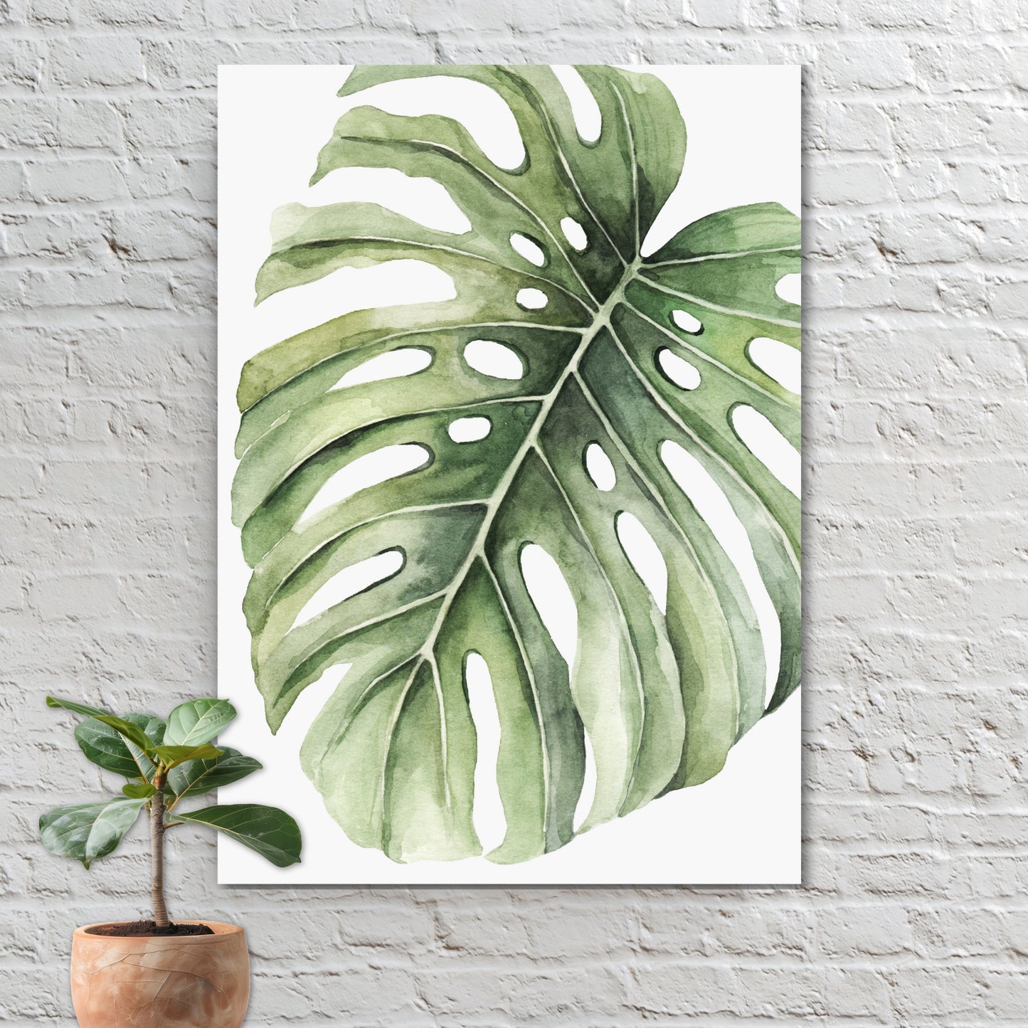 Forny hjemmet ditt med et snev av naturens skjønnhet med vår grafiske akvarell "Monstera Leaf" plakat og lerret. Illustrasjonsfoto viser motivet på lerret.