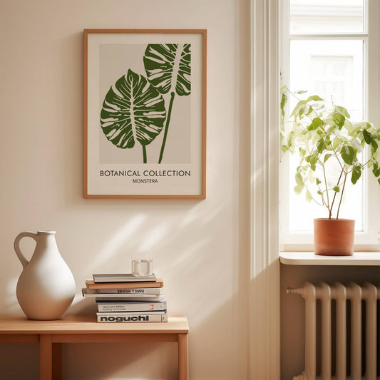 Det grafiske uttrykket av monstera-blader i dype grønntoner mot en lys bakgrunn gir et rolig og balansert inntrykk, perfekt for skandinaviske og minimalistiske interiørstiler. Illustrasjon viser plakat i eik ramme.