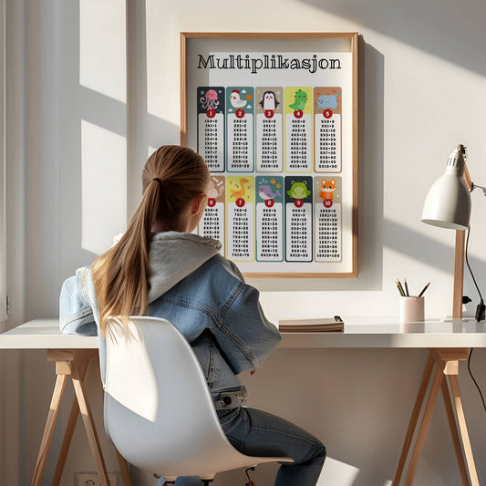 MULTIPLIKASJON – læringsplakat for barn er en fargerik og pedagogisk plakat som gjør det gøy å lære gangetabellen! Illustrasjon viser plakat i ramme.