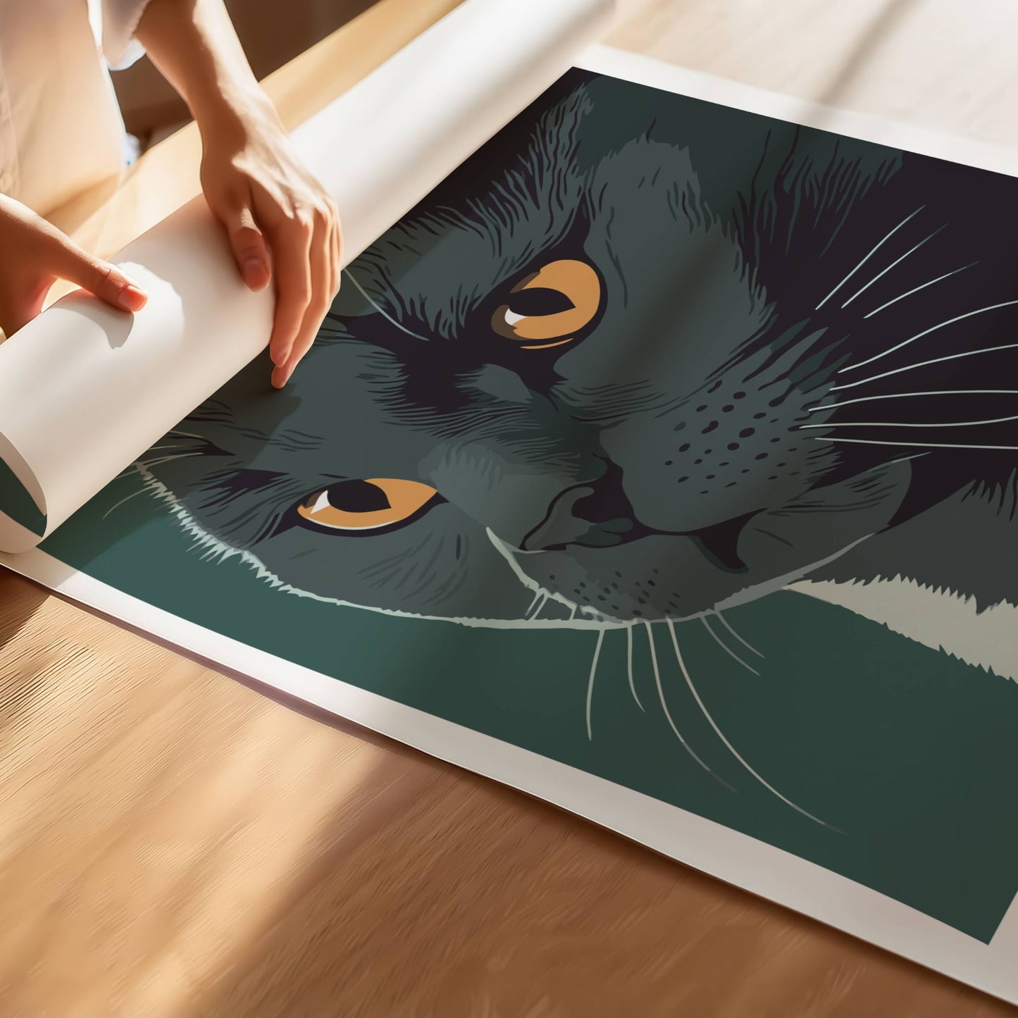 Denne kunstneriske illustrasjonen viser en tigerstripet katt i profil, med intense blågrønne øyne og vakre kontraster mellom varme jordtoner og dype skygger. Illustrasjonen viser plakat i eik ramme.