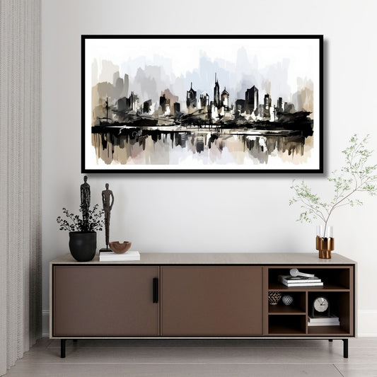 Grafisk akvarell av New York i silhuett. Illustrasjonsfoto viser motivet i sort ramme.