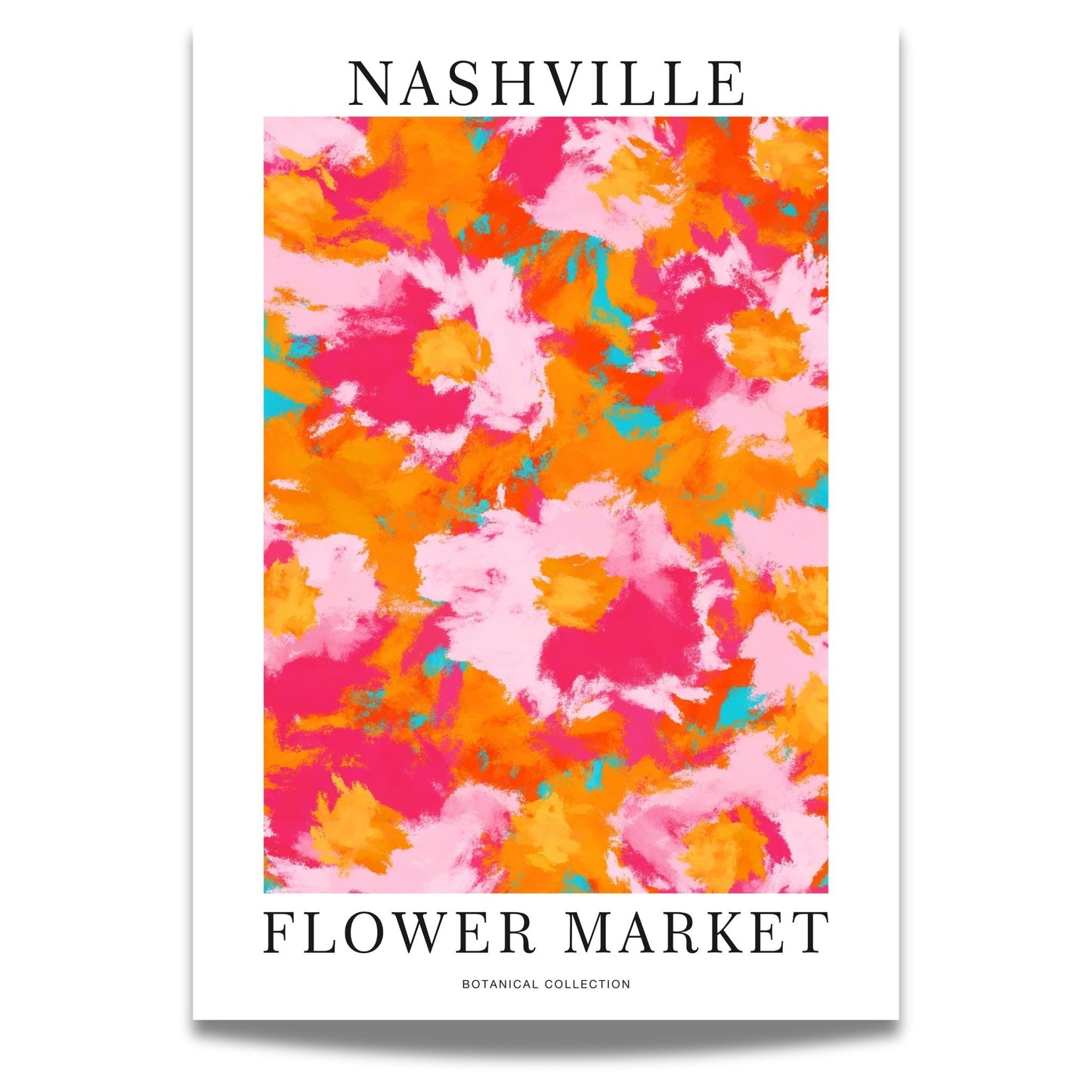 Denne plakaten fremhever håndmalte blomster i sterke nyanser av rosa, oransje, og gult, med kontrasterende aksenter i turkis.