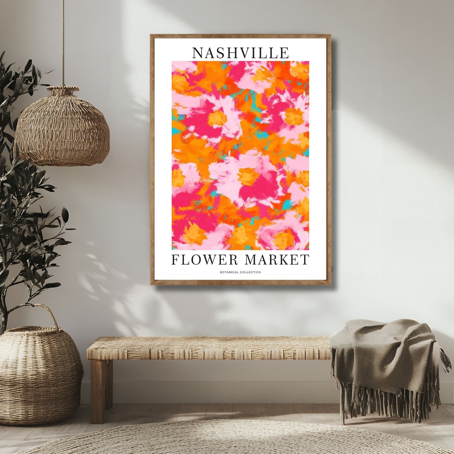 Denne plakaten fremhever håndmalte blomster i sterke nyanser av rosa, oransje, og gult, med kontrasterende aksenter i turkis. Illustrasjon viser plakat i ramme av eik.