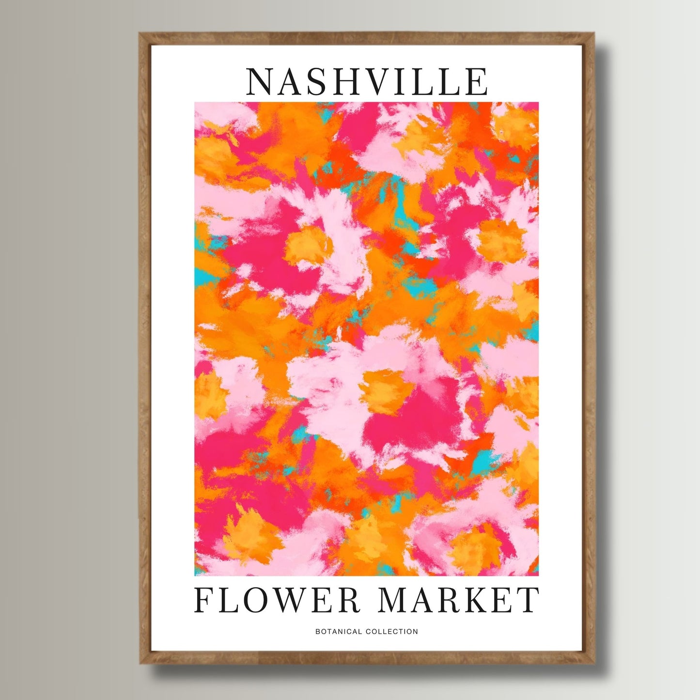Denne plakaten fremhever håndmalte blomster i sterke nyanser av rosa, oransje, og gult, med kontrasterende aksenter i turkis. Illustrasjon viser plakat i ramme av eik.