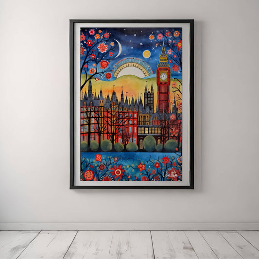 En illustrasjon av London under stjernehimmelen – med Big Ben og botaniske blomster i forgrunn. Illustrasjon viser plakat med hvit kant i sort ramme.