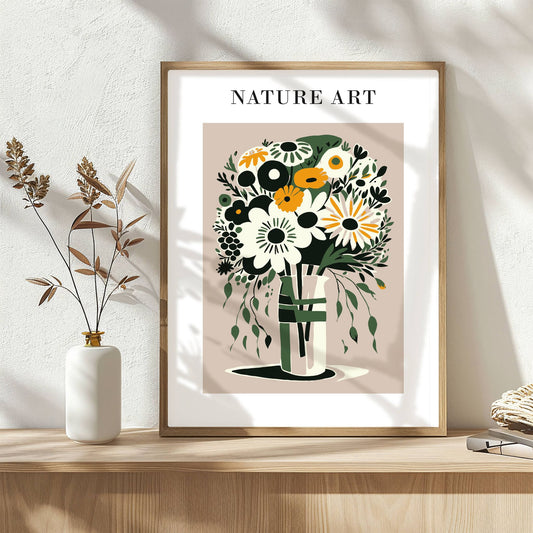 La naturen blomstre på veggen med Nature Art – Blomsterplakat i Retrostil. Illustrasjon viser plakat i eik ramme.